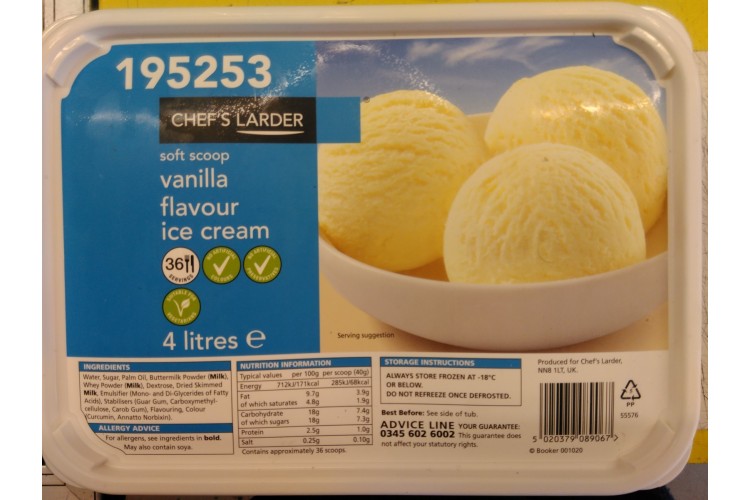 Chefs Larder Soft Scoop Vanilla Flavour Ice Cream 4L