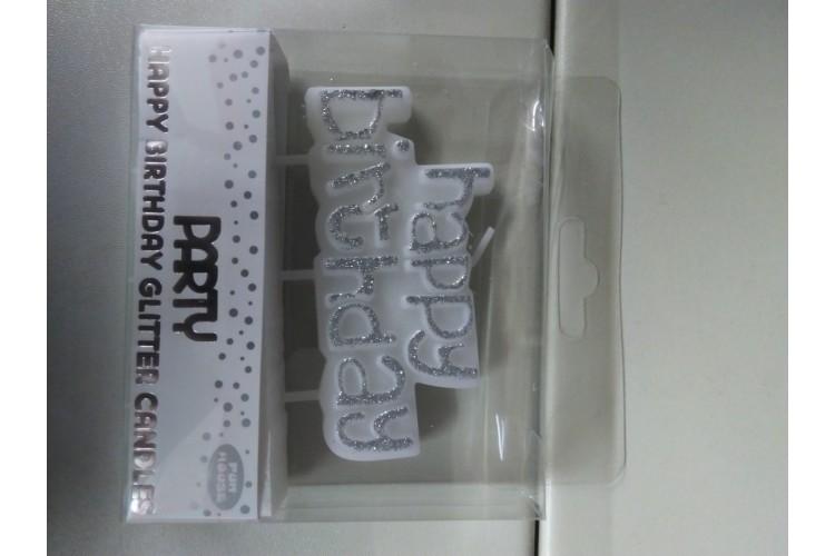 Happy Birthday Glitter Candle Silver