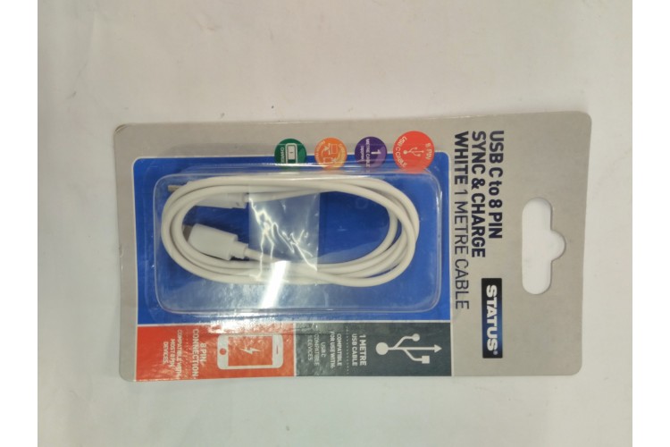 Usb C To 8 Pin Sync & Charge White 1 Metre Cable